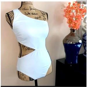 Michael Kors Logo tape one shoulder swimsuit